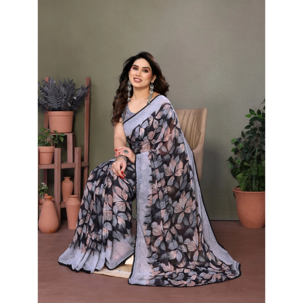 Women's Chiffon Printed Saree With Unstitched Blouse 5.5Mtr (Grey) - Image 3