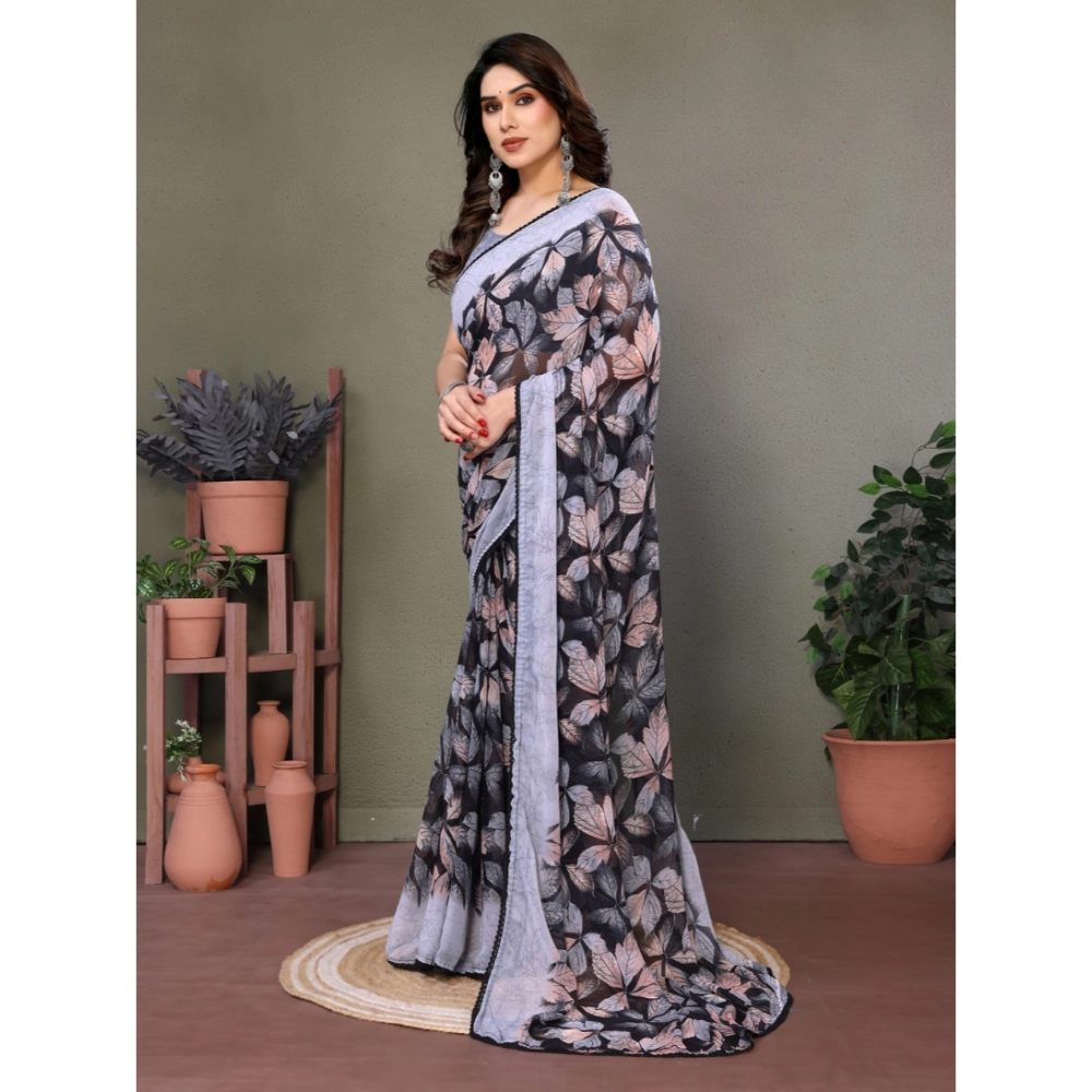 Women's Chiffon Printed Saree With Unstitched Blouse 5.5Mtr (Grey) - Image 4