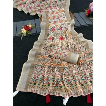 Women's Linen Cotton  Printed Saree With Unstitched Blouse 5.5Mtr (Cream)