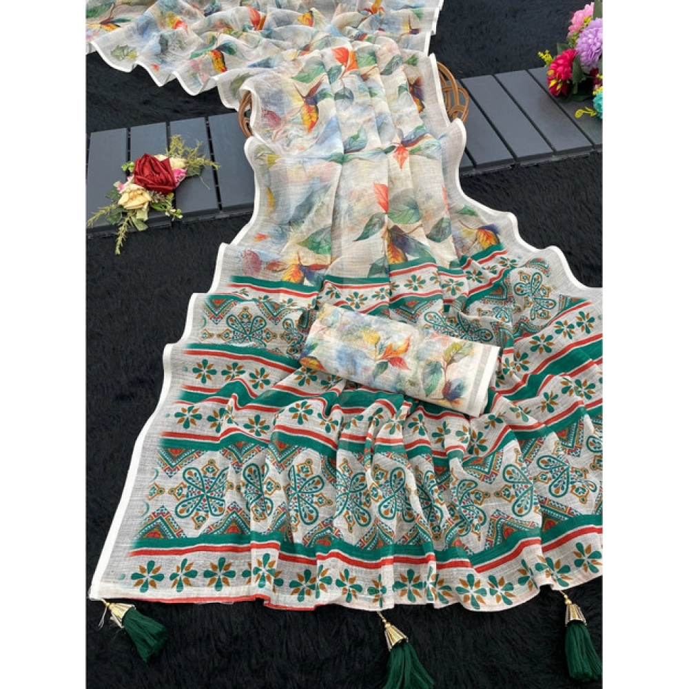 Women's Linen Cotton Printed Saree With Unstitched Blouse 5.5Mtr (Green)