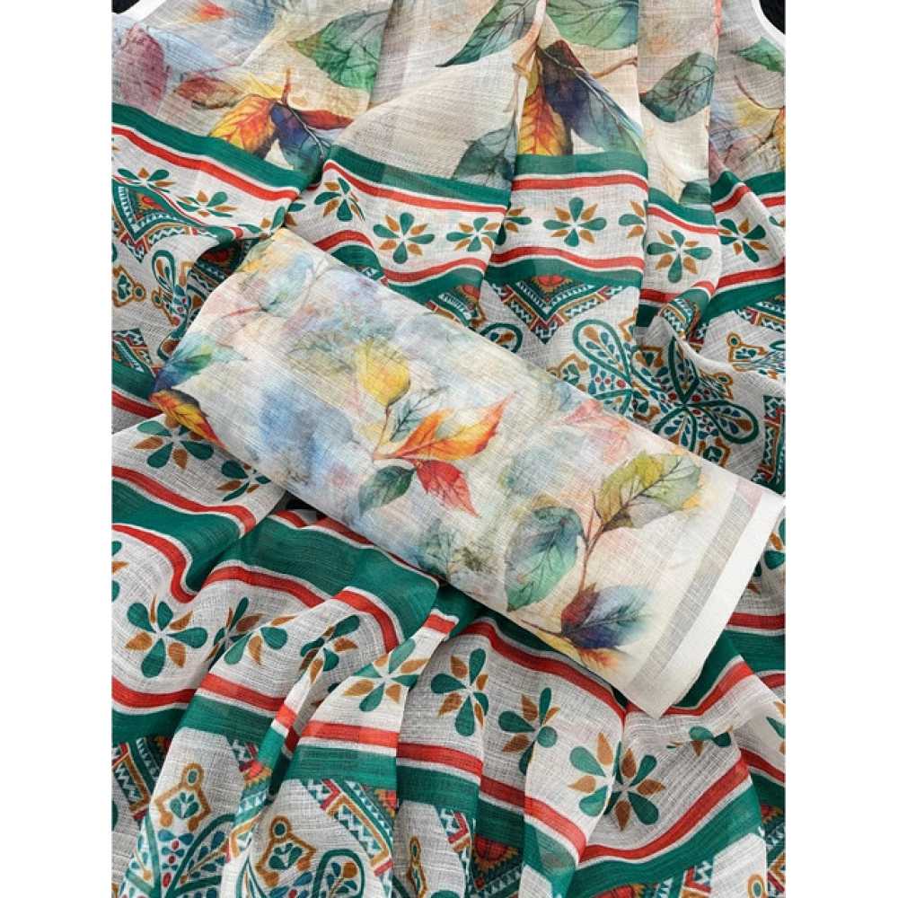 Women's Linen Cotton Printed Saree With Unstitched Blouse 5.5Mtr (Green) - Image 2