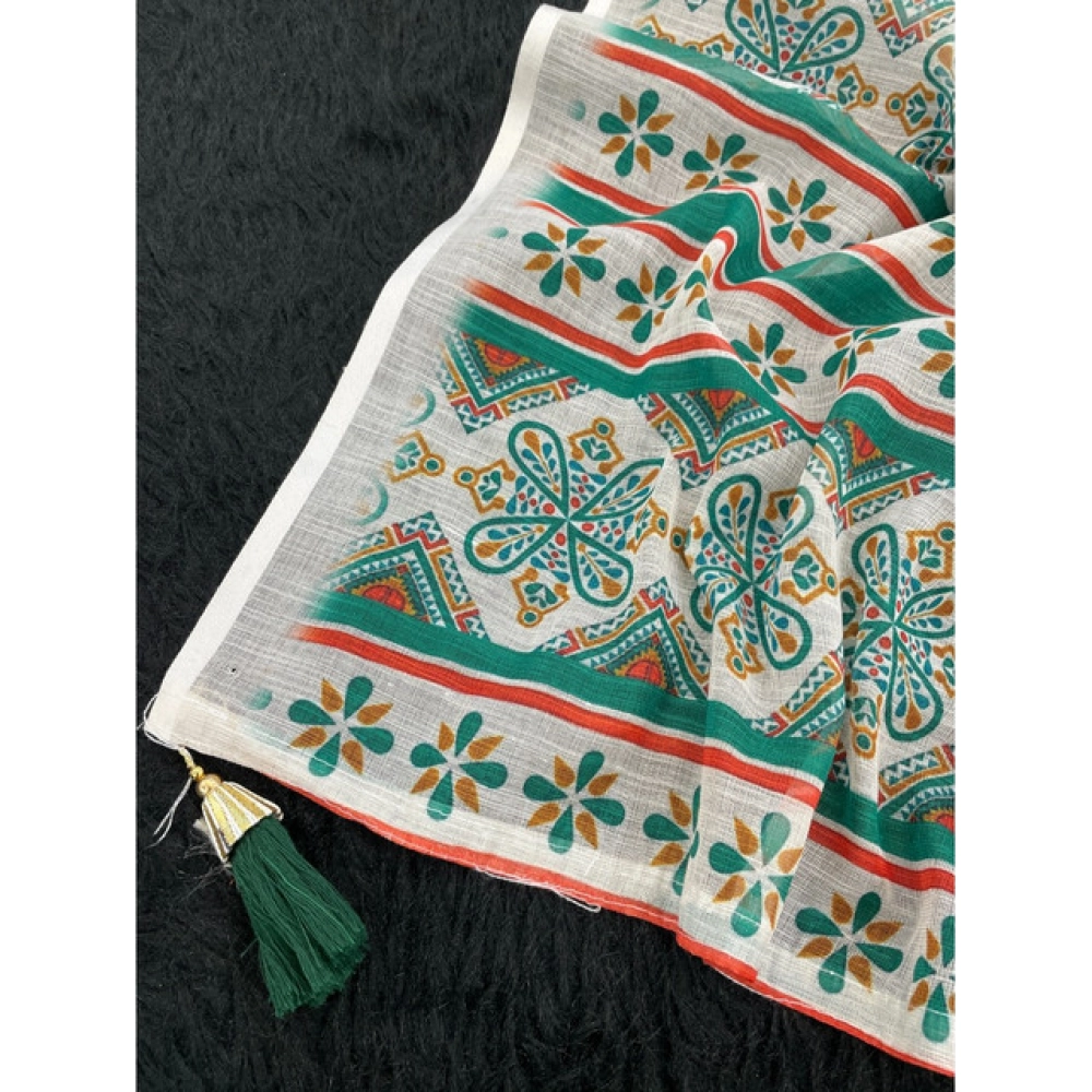 Women's Linen Cotton Printed Saree With Unstitched Blouse 5.5Mtr (Green) - Image 3