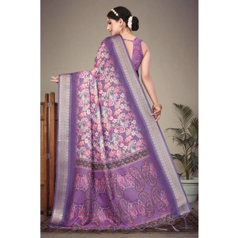 Women's Cotton Silk Printed Saree With Unstitched Blouse 5.5Mtr (Purple) - Image 2