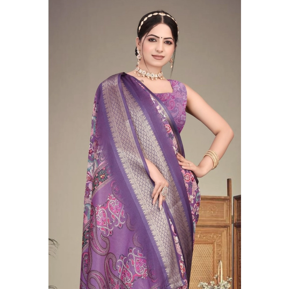 Women's Cotton Silk Printed Saree With Unstitched Blouse 5.5Mtr (Purple) - Image 3