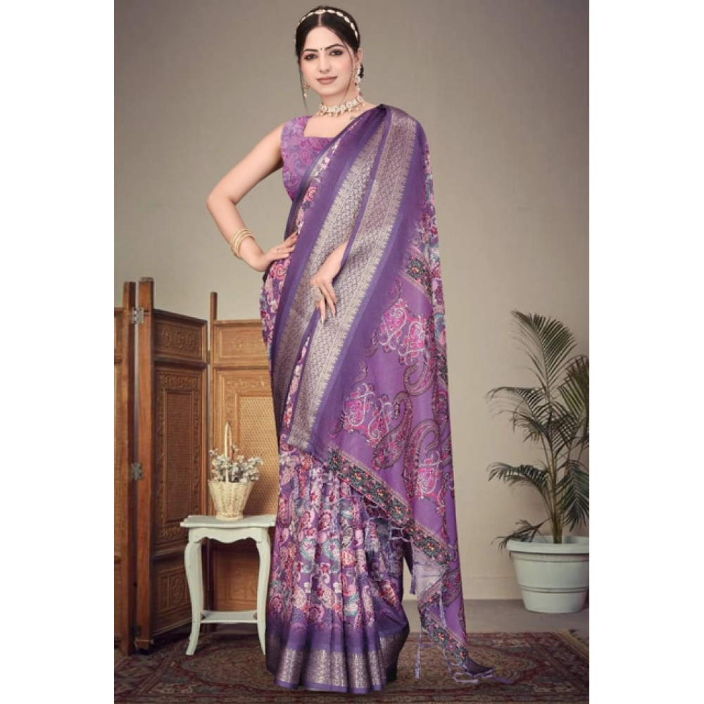 Women's Cotton Silk Printed Saree With Unstitched Blouse 5.5Mtr (Purple) - Image 4