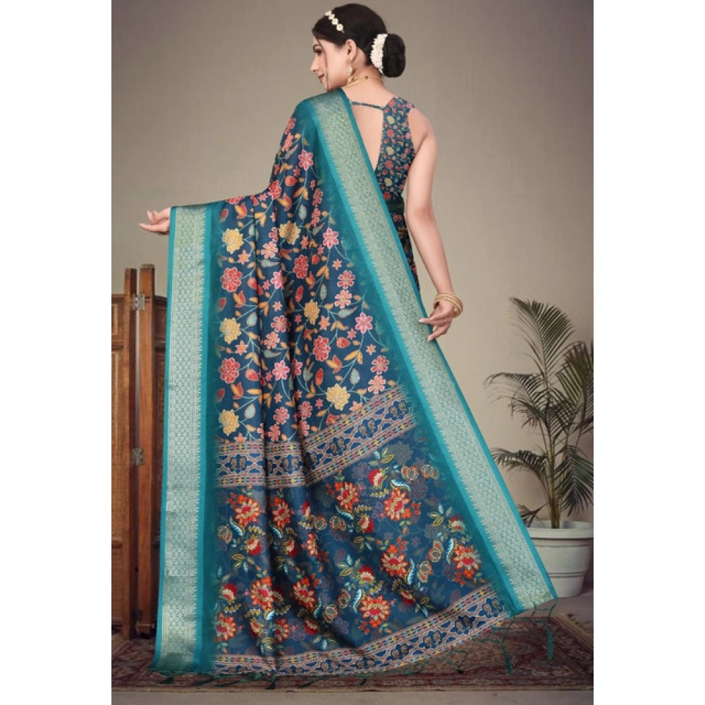 Women's Cotton Silk Printed Saree With Unstitched Blouse 5.5Mtr (Blue) - Image 2