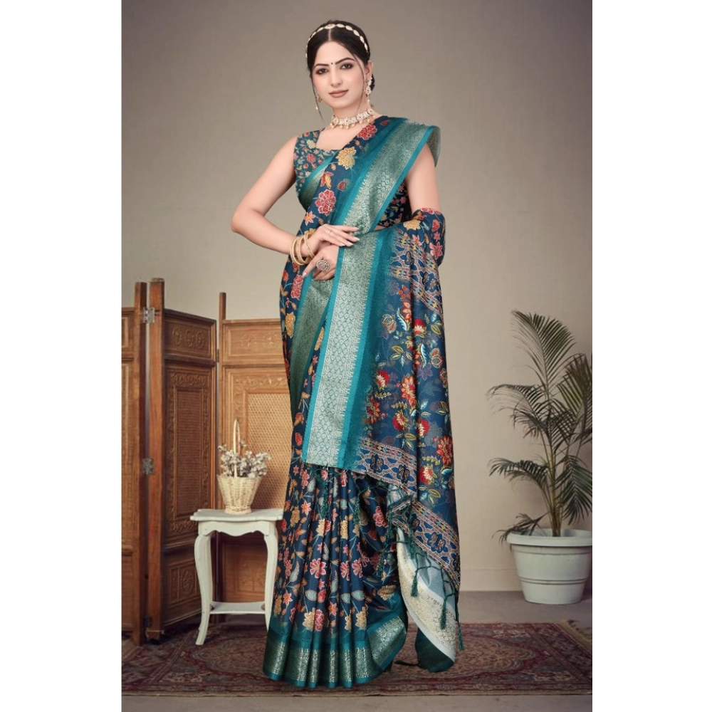 Women's Cotton Silk Printed Saree With Unstitched Blouse 5.5Mtr (Blue) - Image 3
