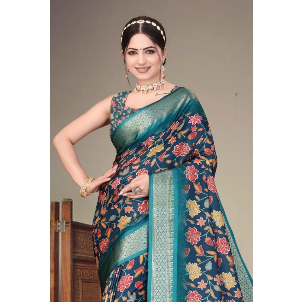 Women's Cotton Silk Printed Saree With Unstitched Blouse 5.5Mtr (Blue) - Image 4