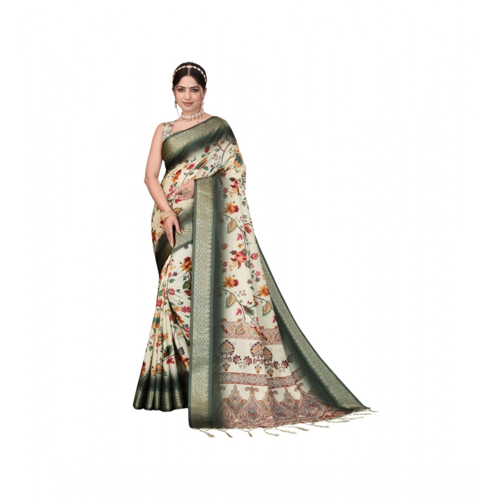 Women's Cotton Silk Printed Saree With Unstitched Blouse 5.5Mtr (Green)