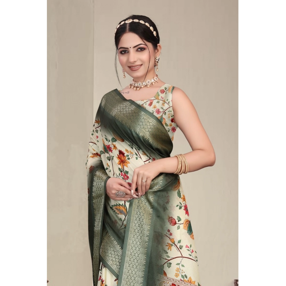 Women's Cotton Silk Printed Saree With Unstitched Blouse 5.5Mtr (Green) - Image 2