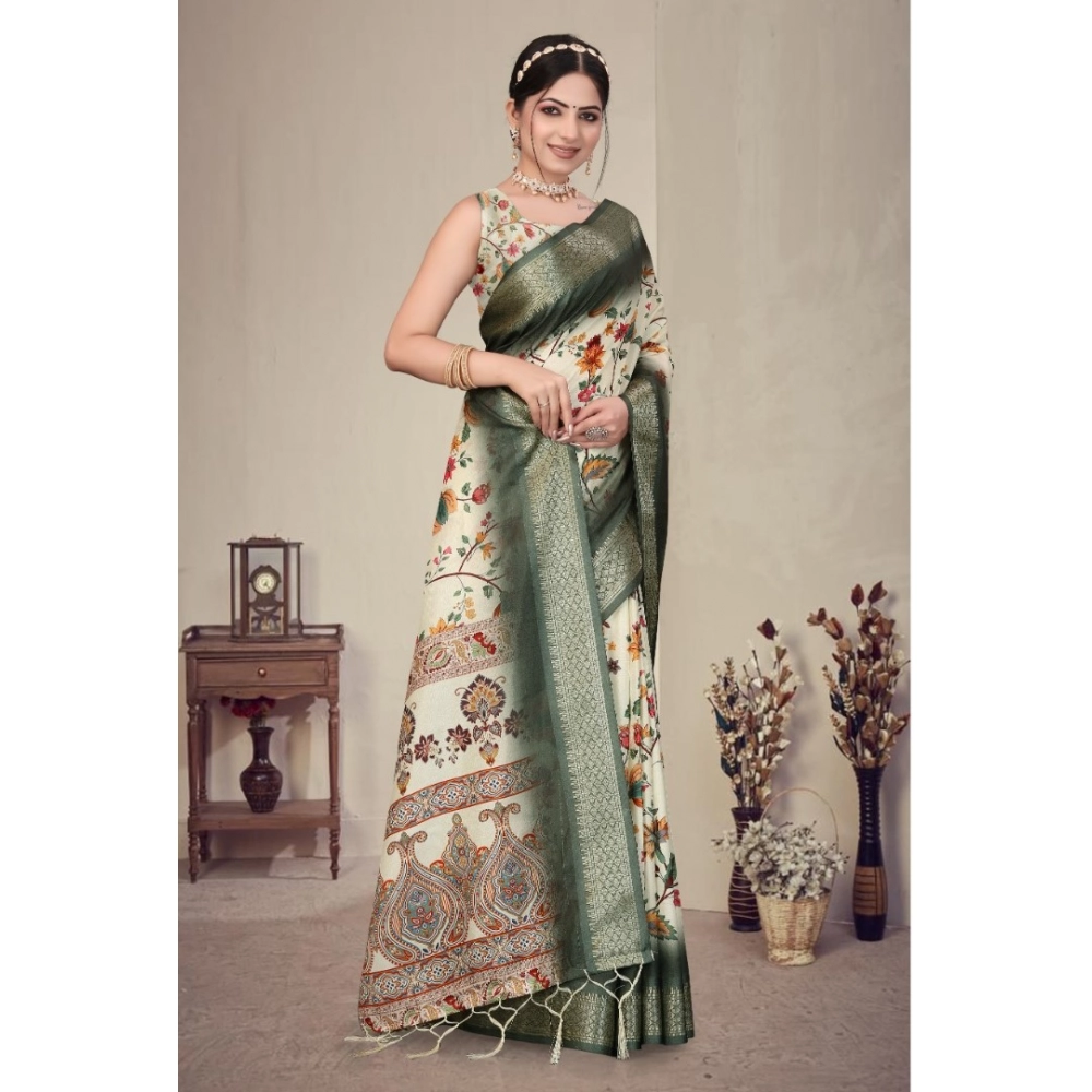 Women's Cotton Silk Printed Saree With Unstitched Blouse 5.5Mtr (Green) - Image 3