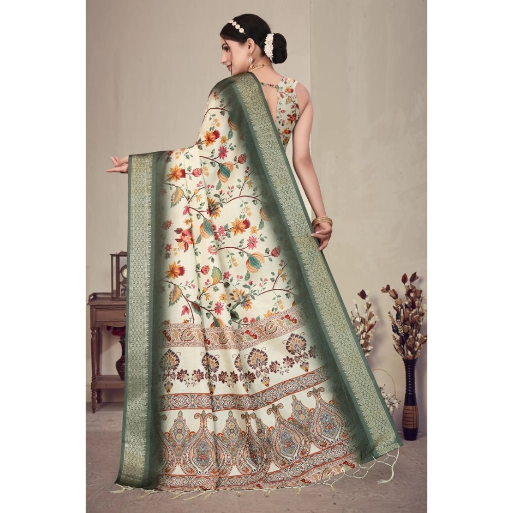Women's Cotton Silk Printed Saree With Unstitched Blouse 5.5Mtr (Green) - Image 4