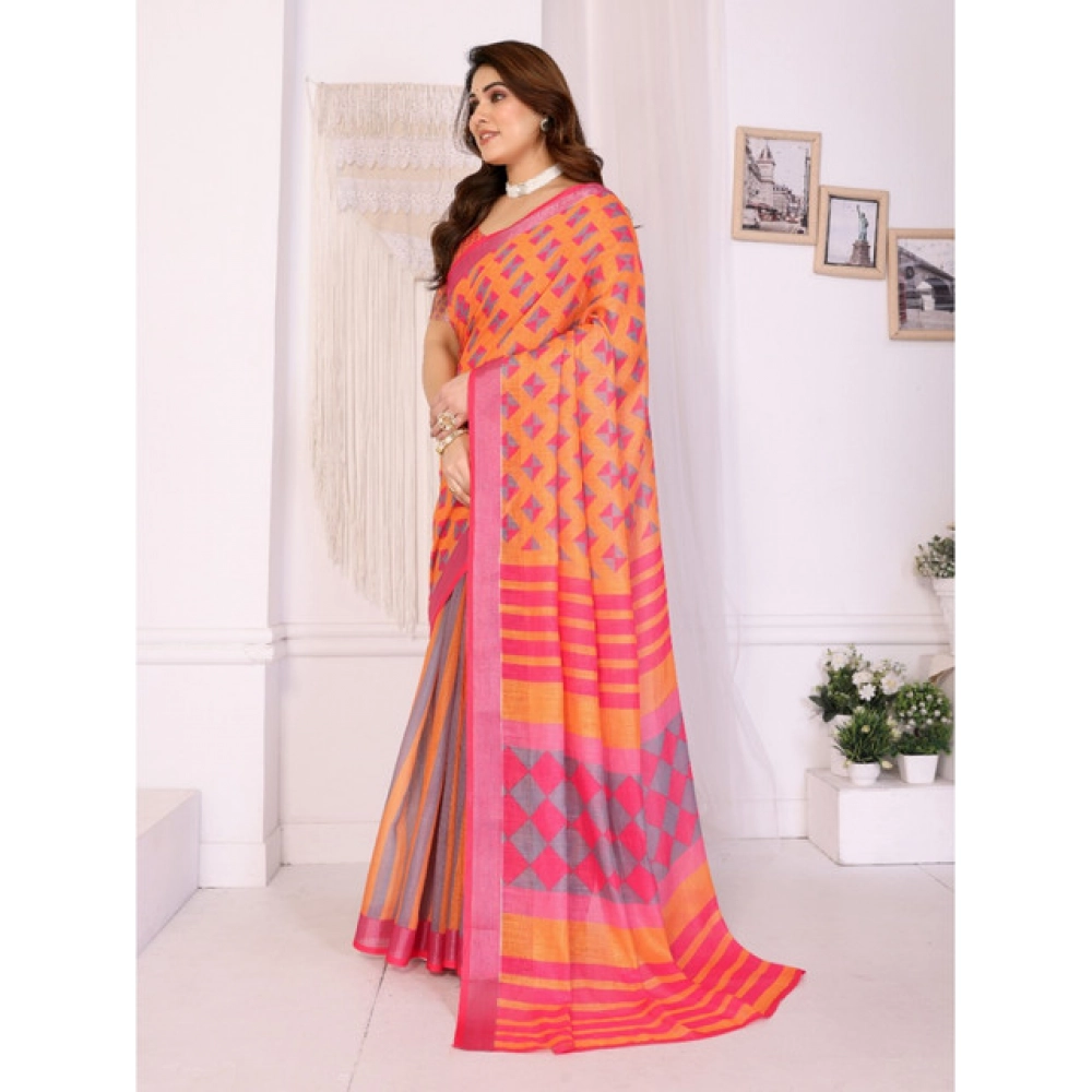 Women's Linen Cotton Printed Saree With Unstitched Blouse 5.5Mtr (Orange ) - Image 2