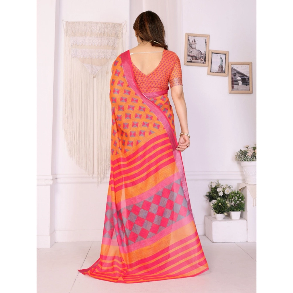 Women's Linen Cotton Printed Saree With Unstitched Blouse 5.5Mtr (Orange ) - Image 3