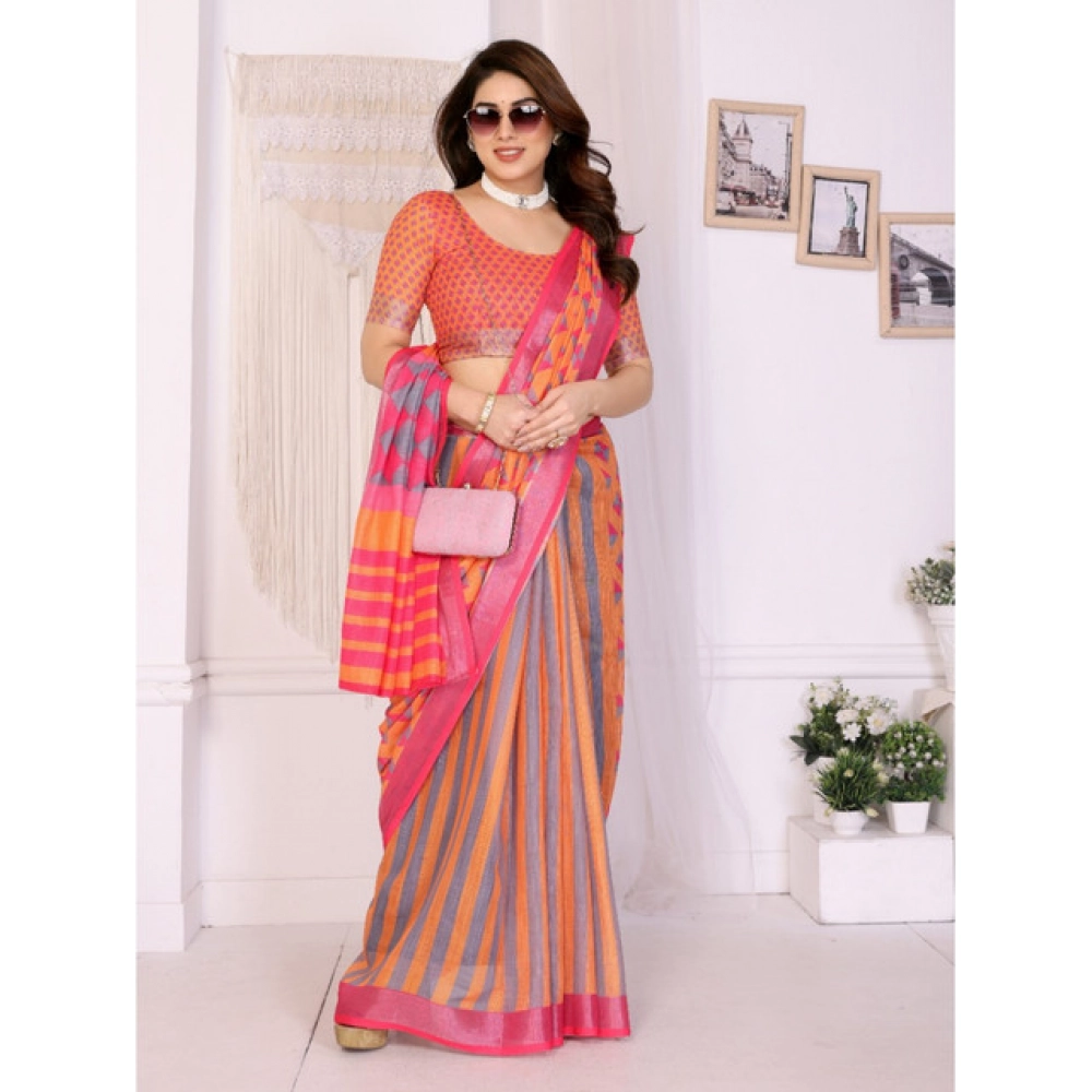 Women's Linen Cotton Printed Saree With Unstitched Blouse 5.5Mtr (Orange ) - Image 4