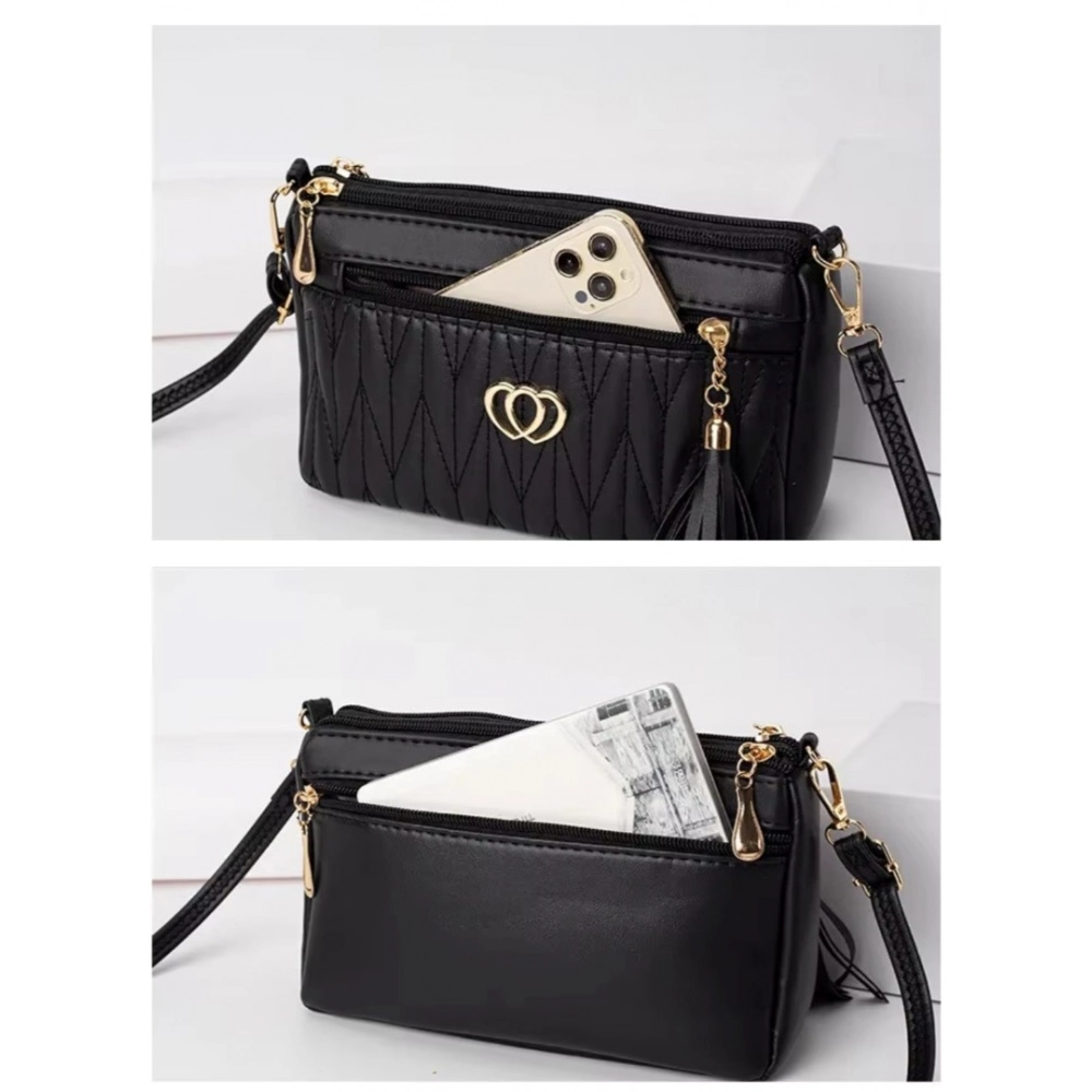 Women's PU Leather Zipper Sling Bag (Black) - Image 2