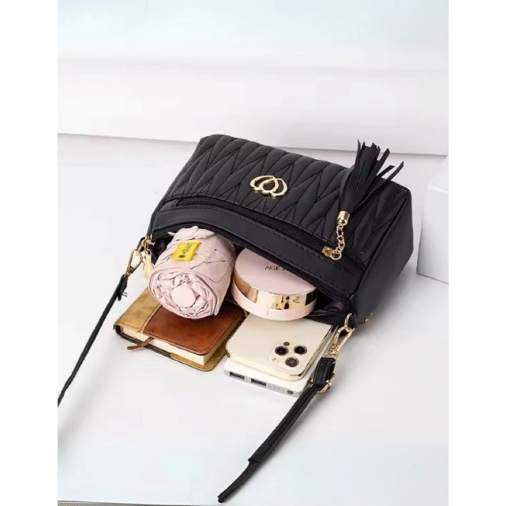 Women's PU Leather Zipper Sling Bag (Black) - Image 4