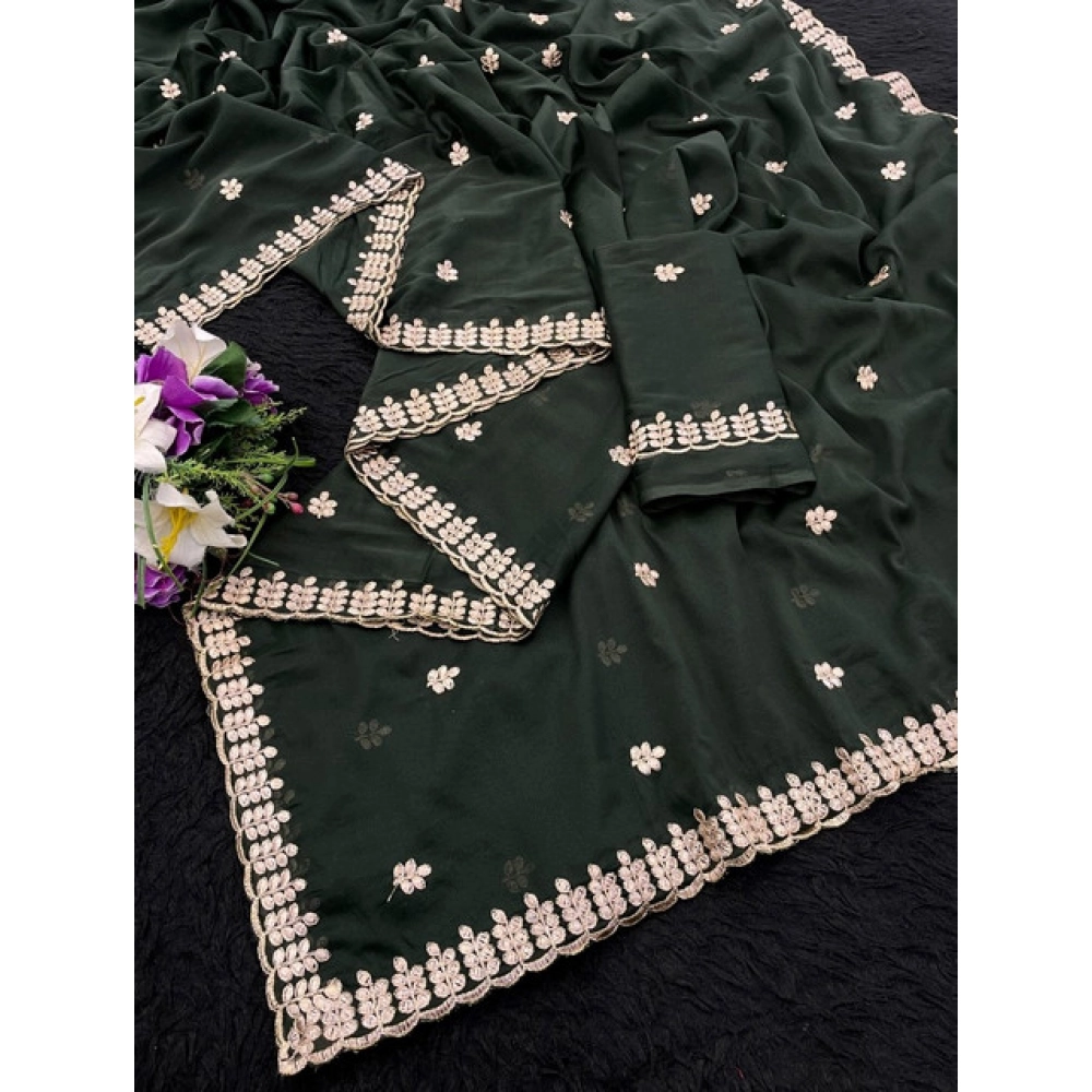 Women's Georgette Embroidered Saree With Unstitched Blouse 5.5Mtr (Green) - Image 2