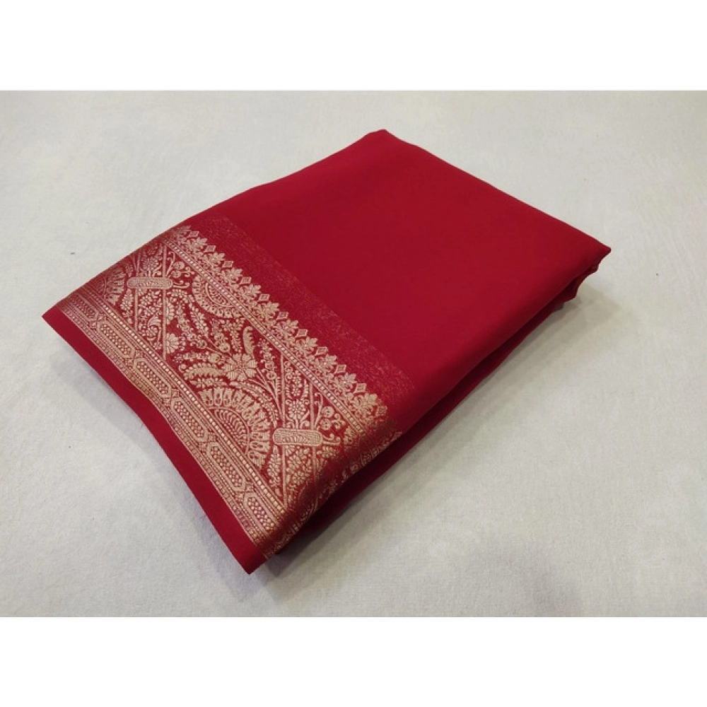 Women's Crepe Chit Pallu Solid Saree With Unstitched Blouse 5.5Mtr (Red)