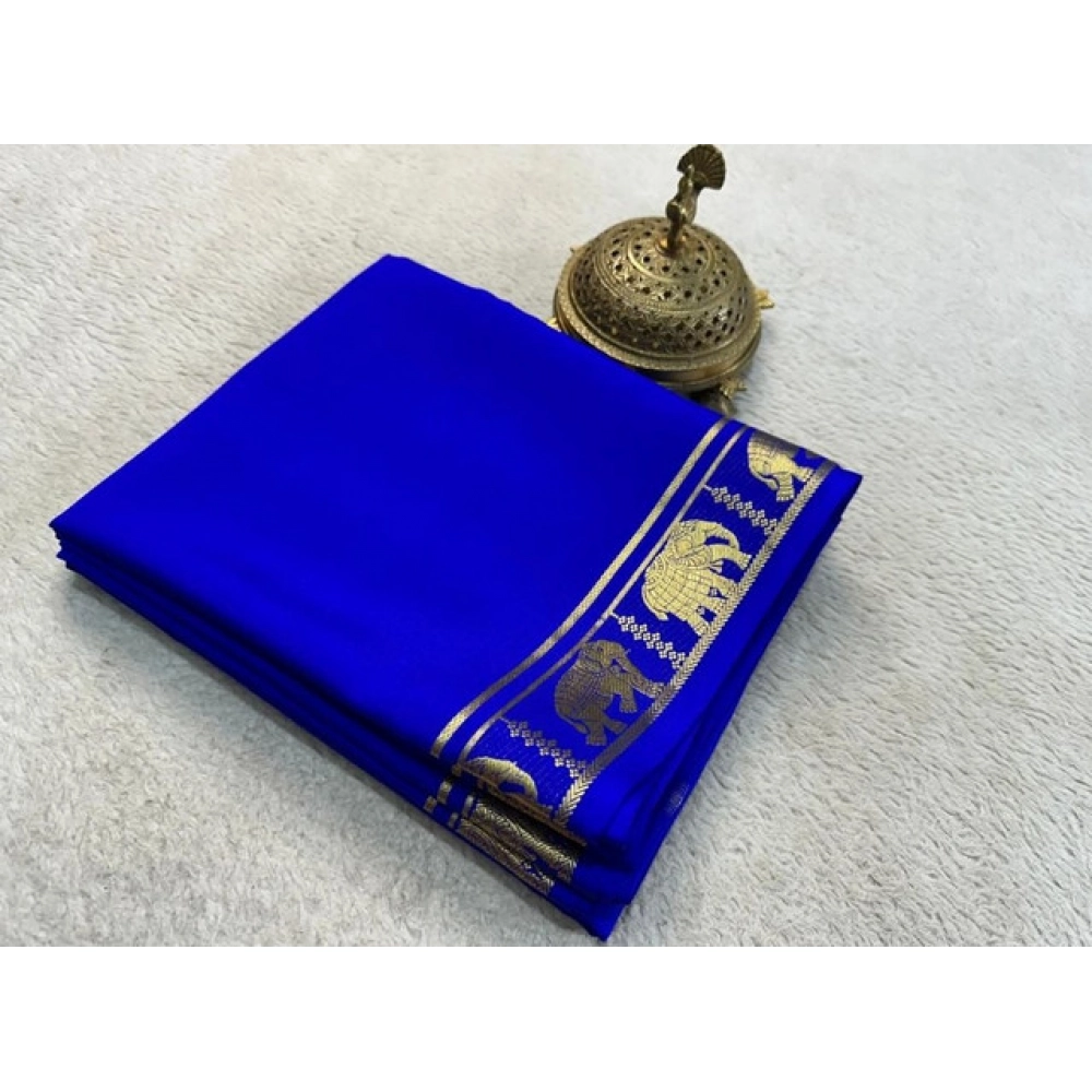 Women's Crepe Chit Pallu Solid Saree With Unstitched Blouse 5.5Mtr (Navy Blue)