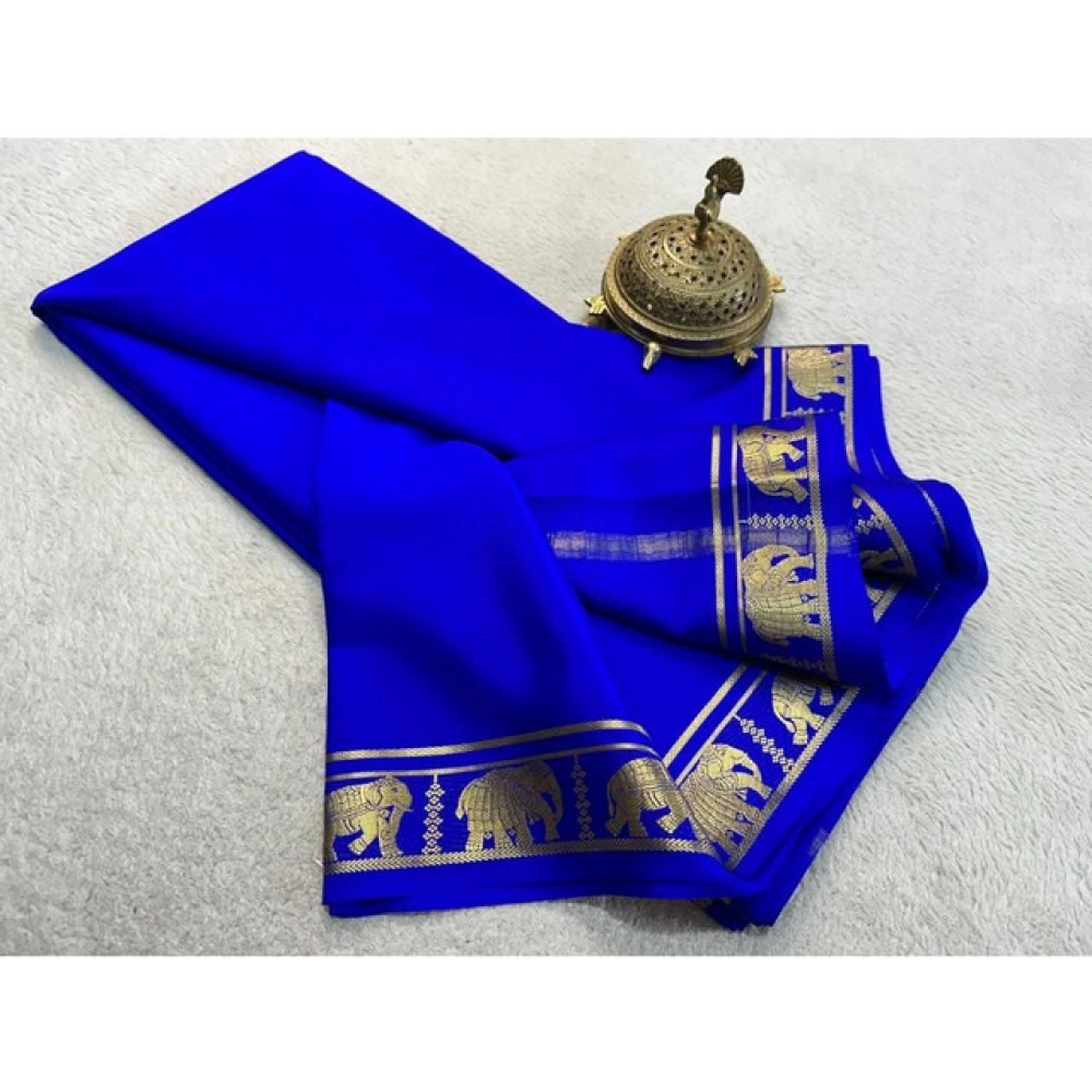 Women's Crepe Chit Pallu Solid Saree With Unstitched Blouse 5.5Mtr (Navy Blue) - Image 2