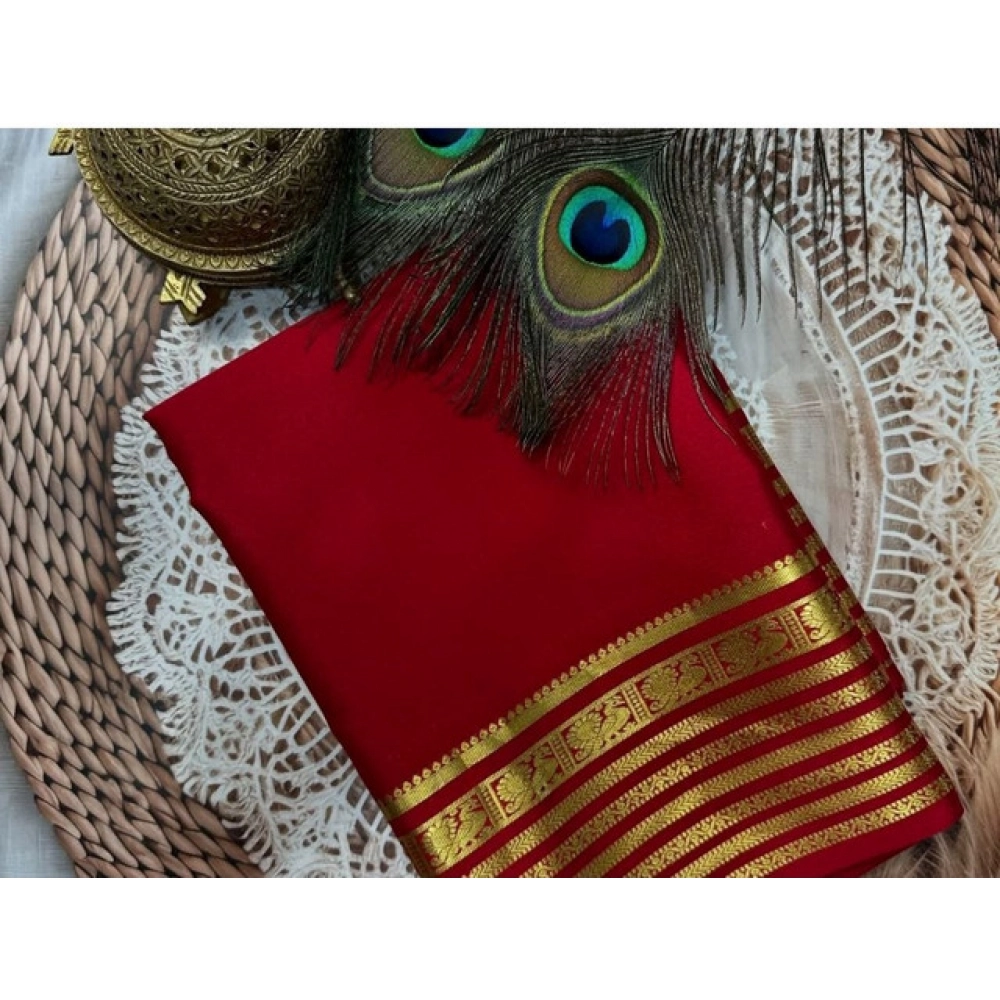 Women's Crepe Chit Pallu Solid Saree With Unstitched Blouse 5.5Mtr (Red)