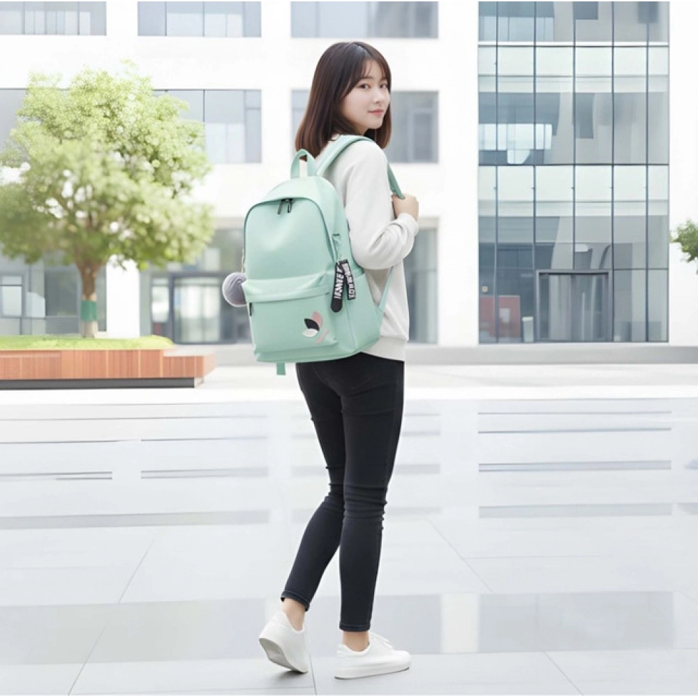 Unisex PU Leather Solid Medium Zipper Backpack (Green) - Image 5