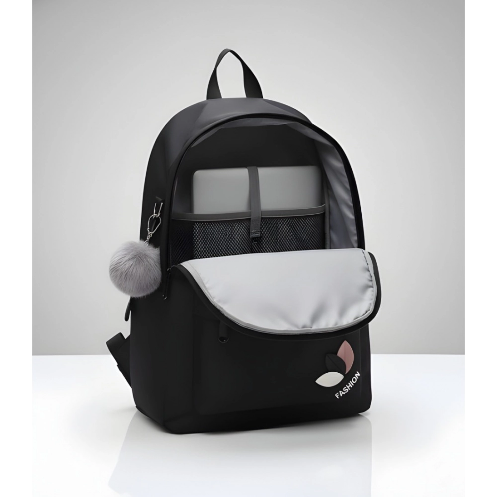 Unisex PU Leather Solid Medium Zipper Backpack (Black) - Image 4