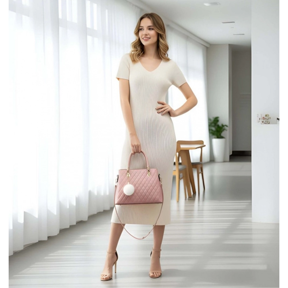 Women's PU Leather Solid Shoulder Zipper Handbag (Pink) - Image 5