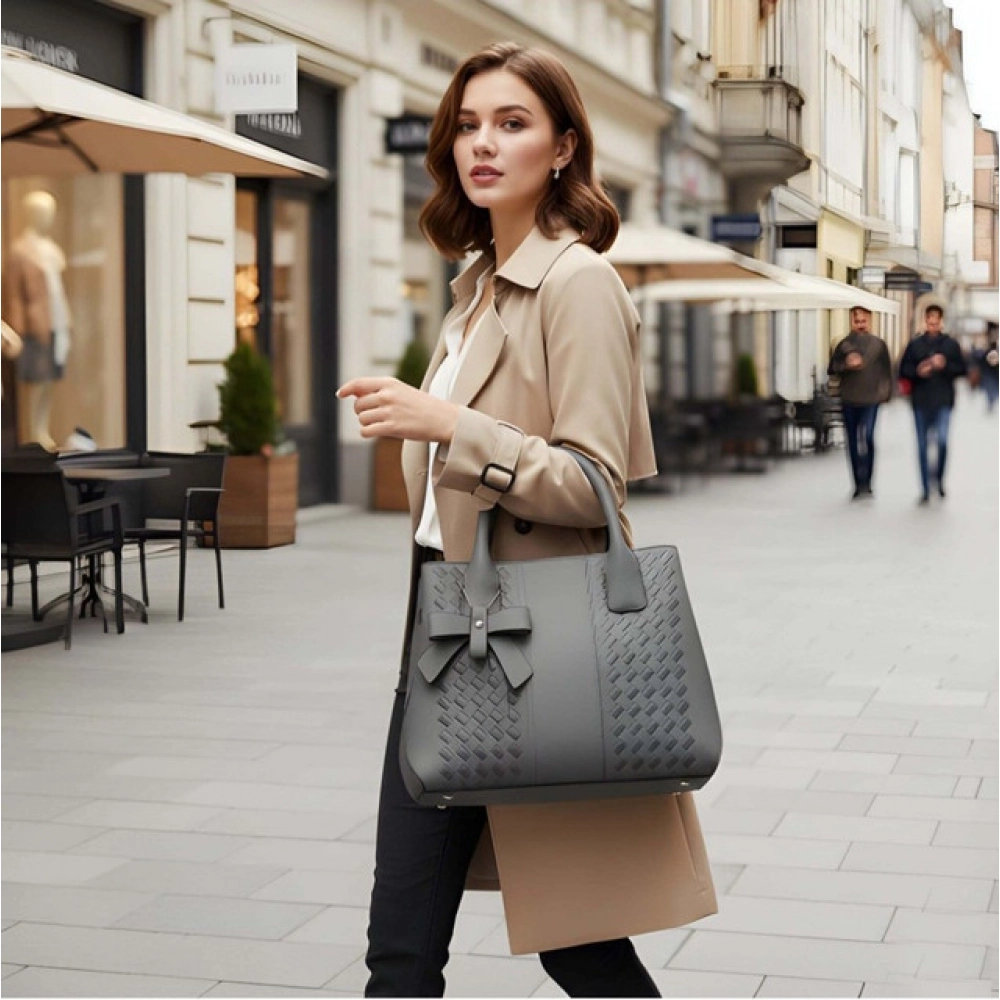Women's PU Leather Solid Shoulder Zipper Handbag (Grey) - Image 5