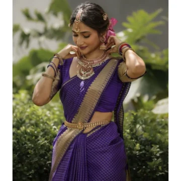 Women's Banarasi Silk Printed Saree With Unstitched Blouse 5.5Mtr (Purple)