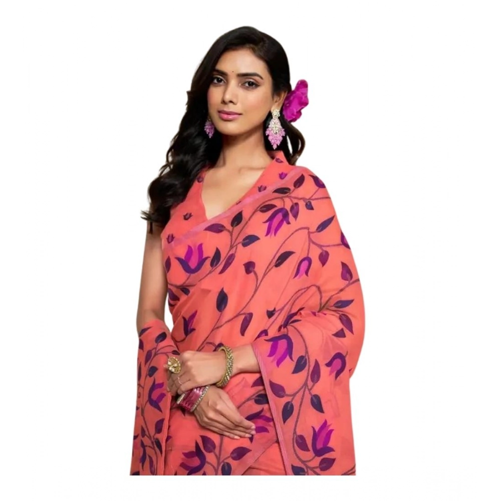 Women's Georgette Printed Saree With Unstitched Blouse 5.5Mtr (Peach) - Image 2