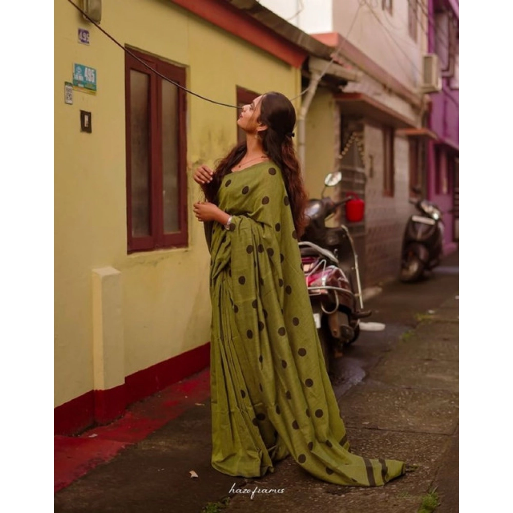 Women's Linen Printed Saree With Unstitched Blouse 5.5Mtr (Green) - Image 2