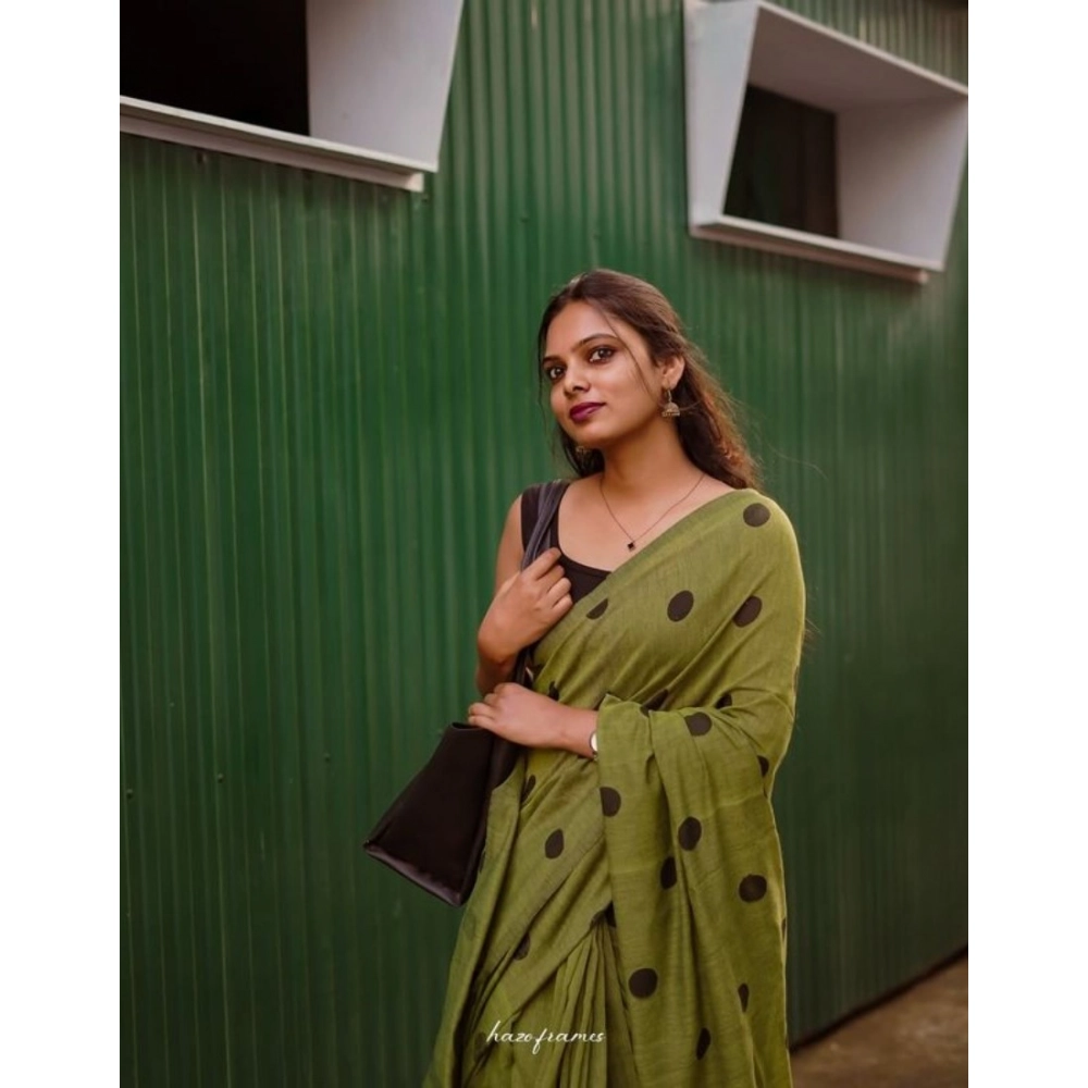 Women's Linen Printed Saree With Unstitched Blouse 5.5Mtr (Green) - Image 3