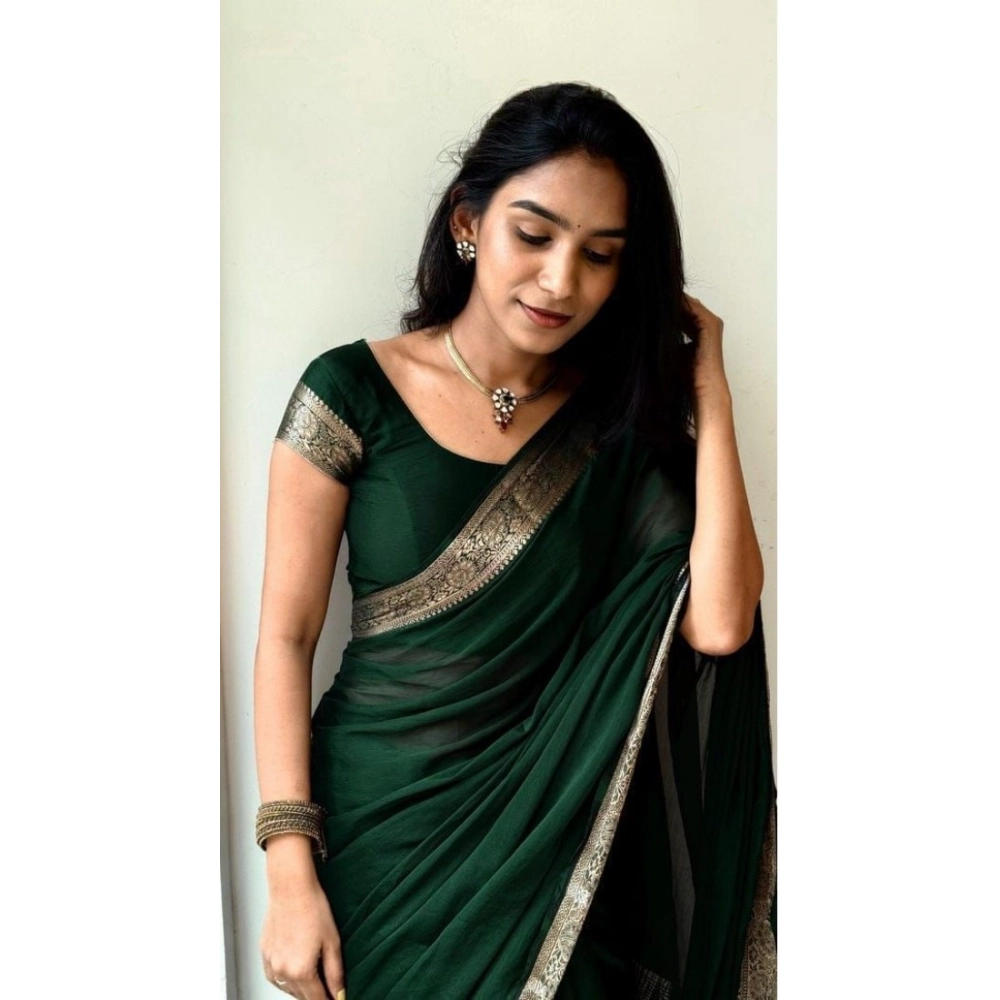 Women's Vichitra Silk Printed Saree With Unstitched Blouse 5.5Mtr (Green) - Image 2