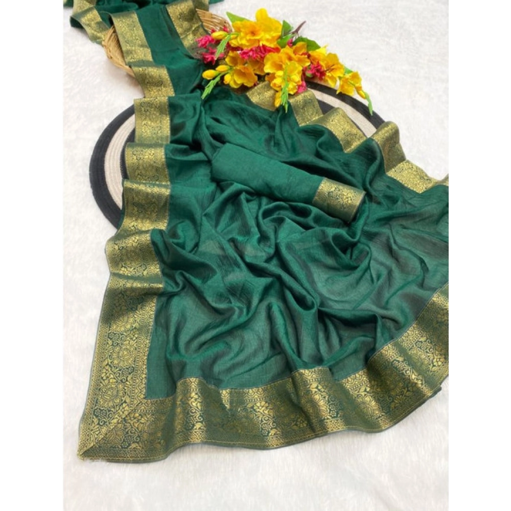 Women's Vichitra Silk Printed Saree With Unstitched Blouse 5.5Mtr (Green) - Image 4