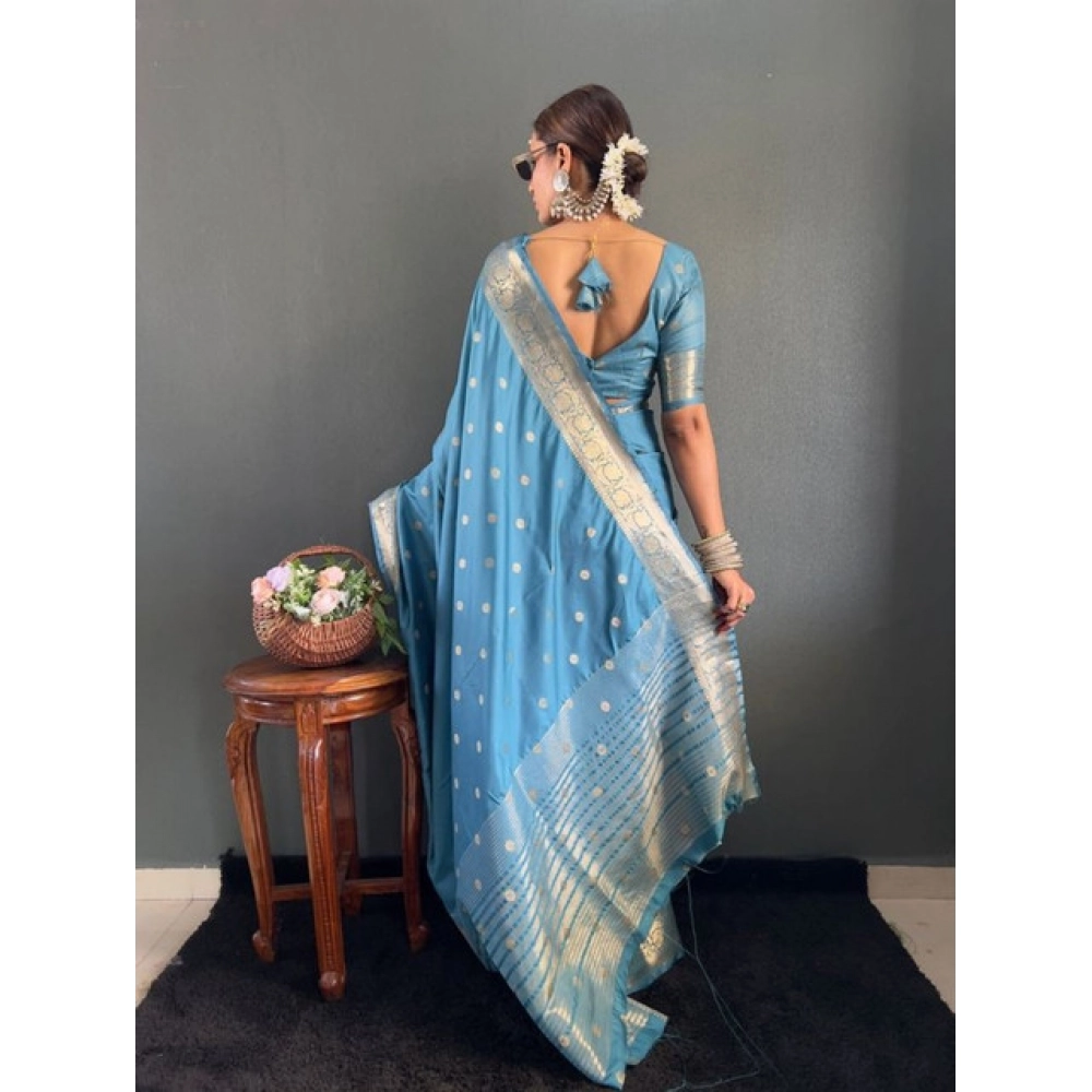 Women's Satin Printed Saree With Unstitched Blouse 5.5Mtr (light Blue) - Image 2