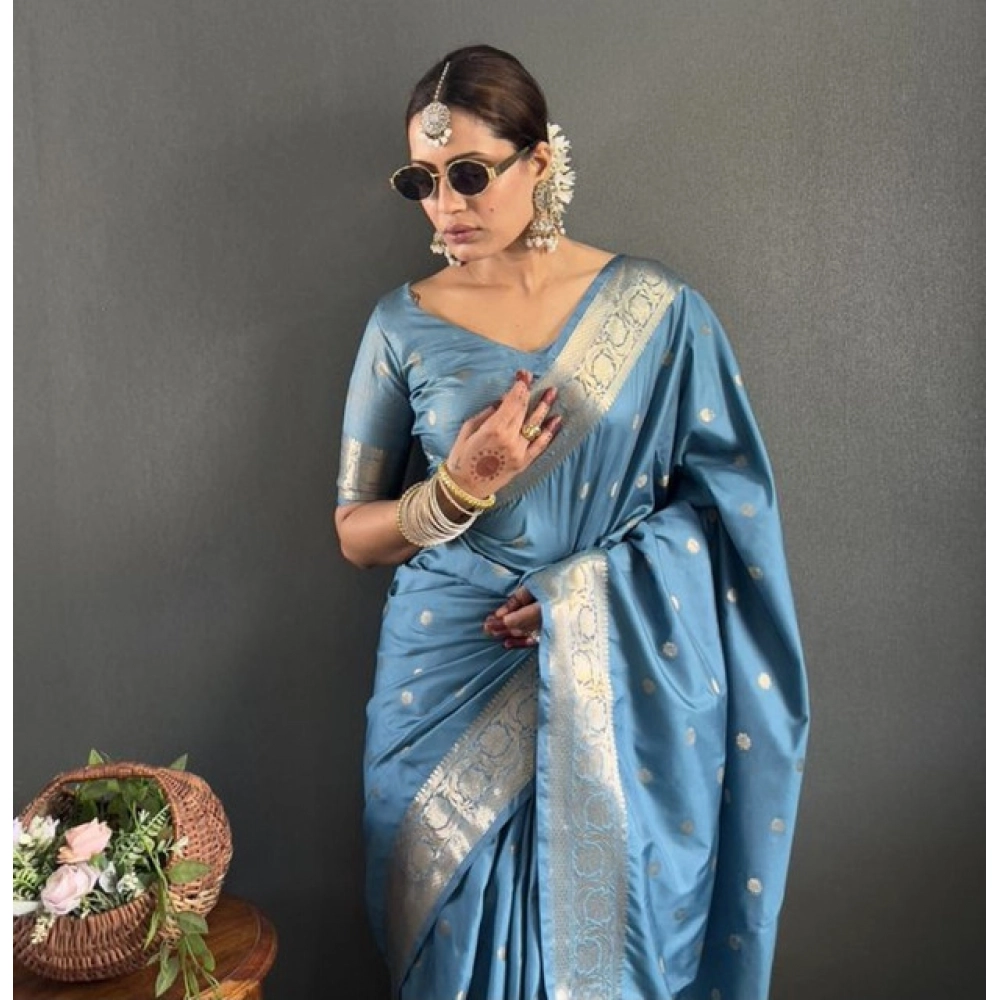 Women's Satin Printed Saree With Unstitched Blouse 5.5Mtr (light Blue) - Image 5