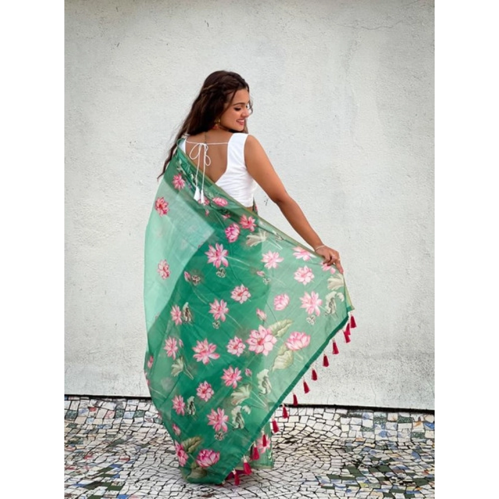 Women's Linen Printed Saree With Unstitched Blouse 5.5Mtr (Green) - Image 2