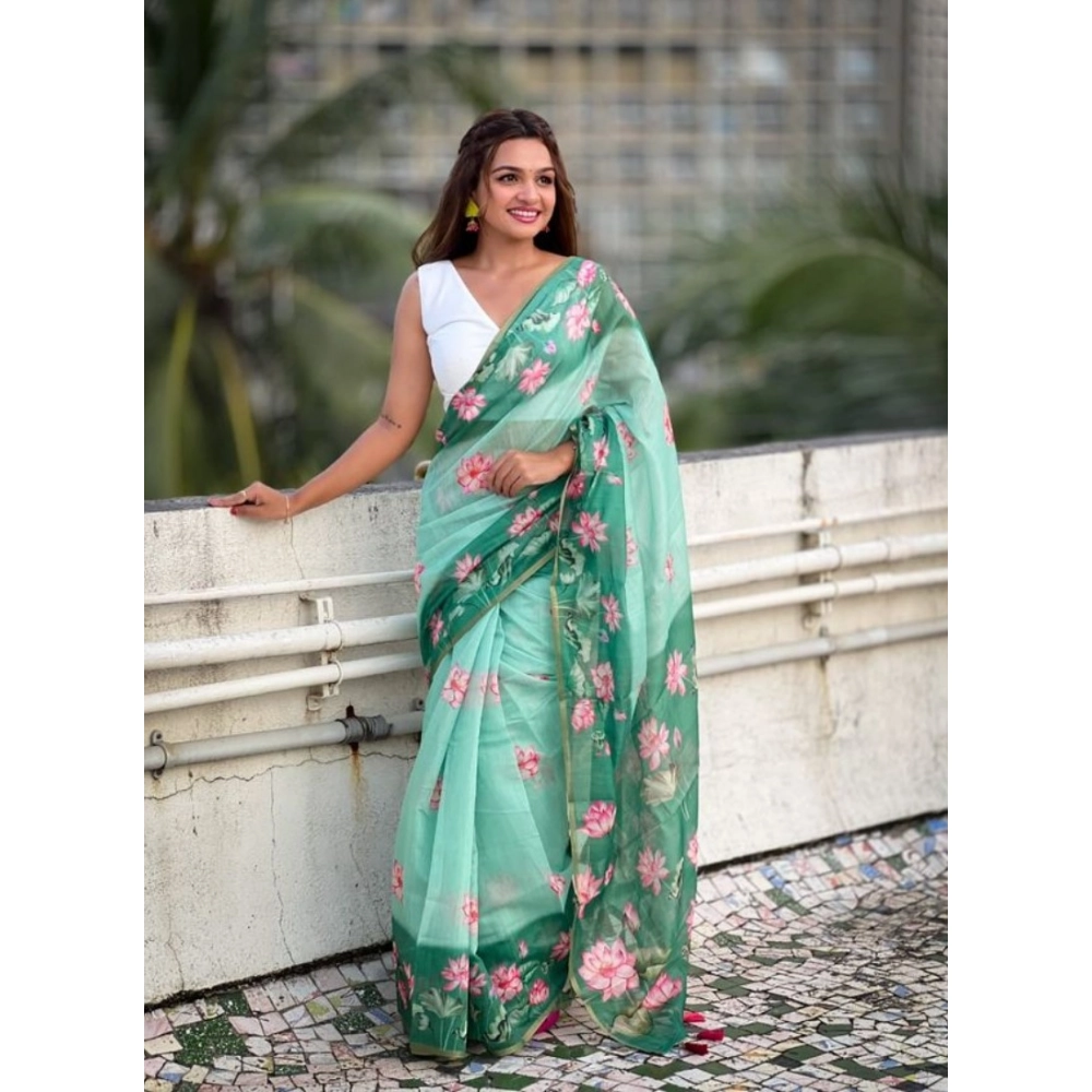 Women's Linen Printed Saree With Unstitched Blouse 5.5Mtr (Green) - Image 3