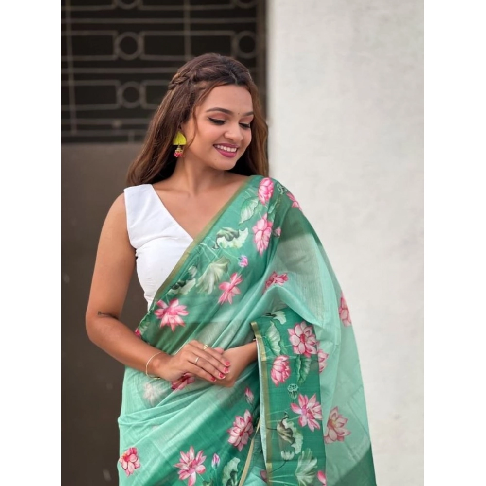 Women's Linen Printed Saree With Unstitched Blouse 5.5Mtr (Green) - Image 4