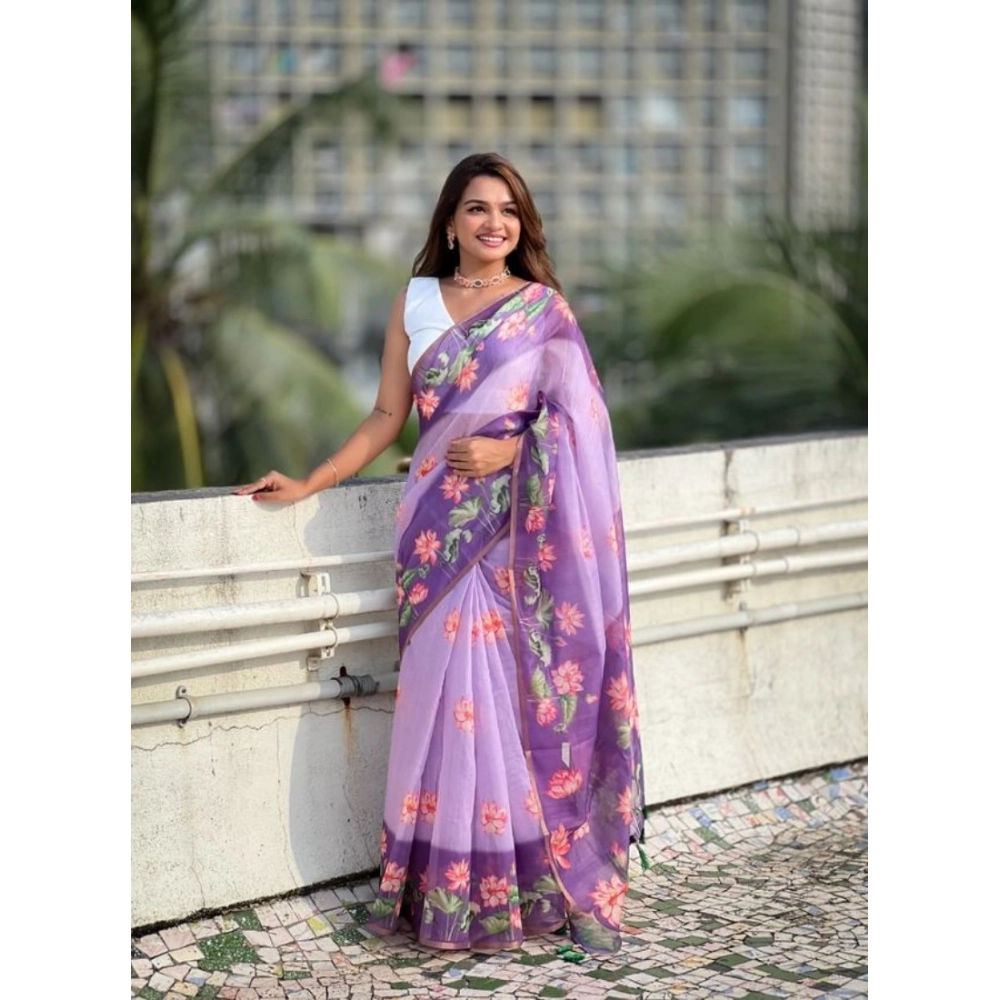 Women's Linen Printed Saree With Unstitched Blouse 5.5Mtr (Purple) - Image 3