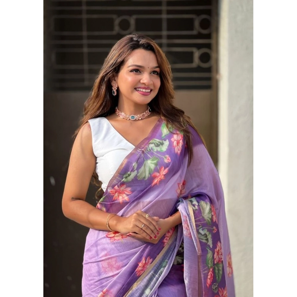 Women's Linen Printed Saree With Unstitched Blouse 5.5Mtr (Purple) - Image 4