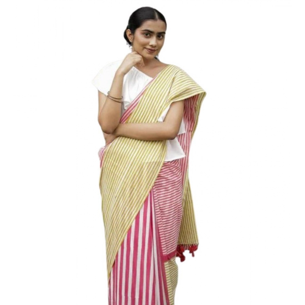 Women's Linen Printed Saree With Unstitched Blouse 5.5Mtr (Yellow)