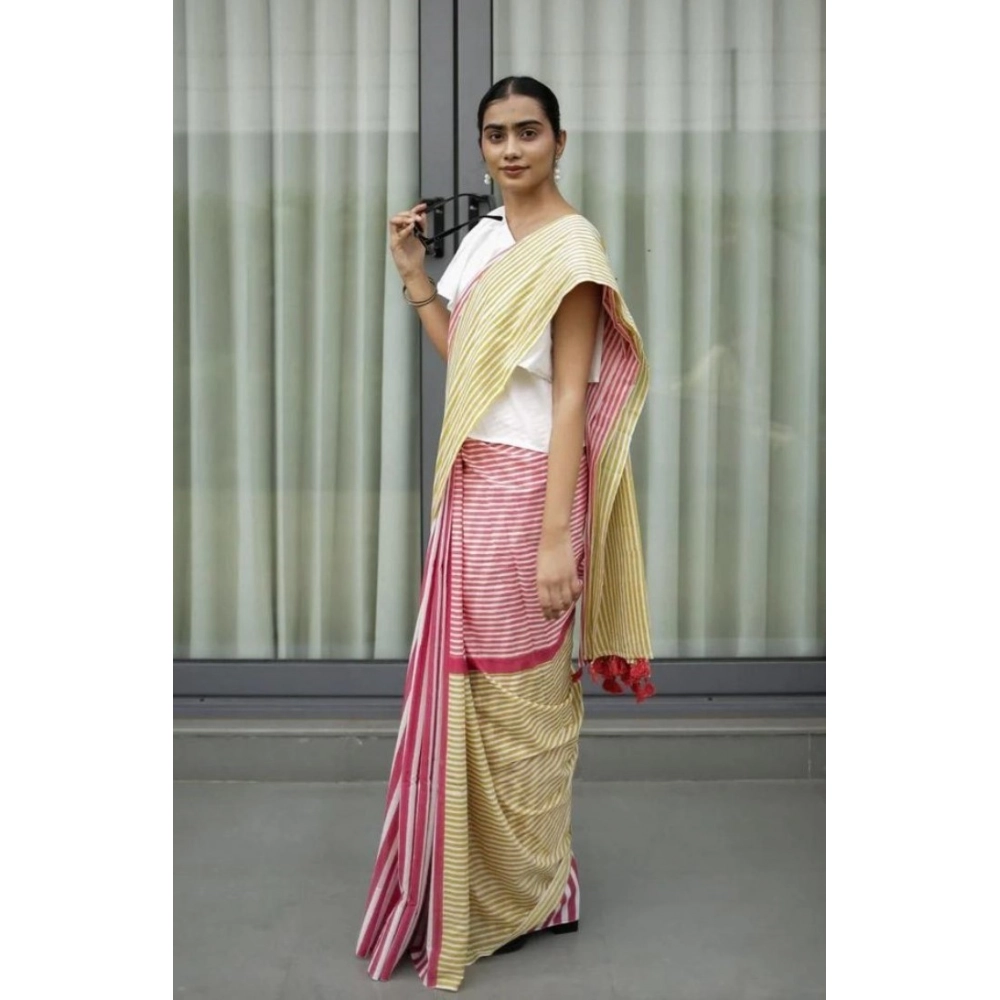 Women's Linen Printed Saree With Unstitched Blouse 5.5Mtr (Yellow) - Image 2