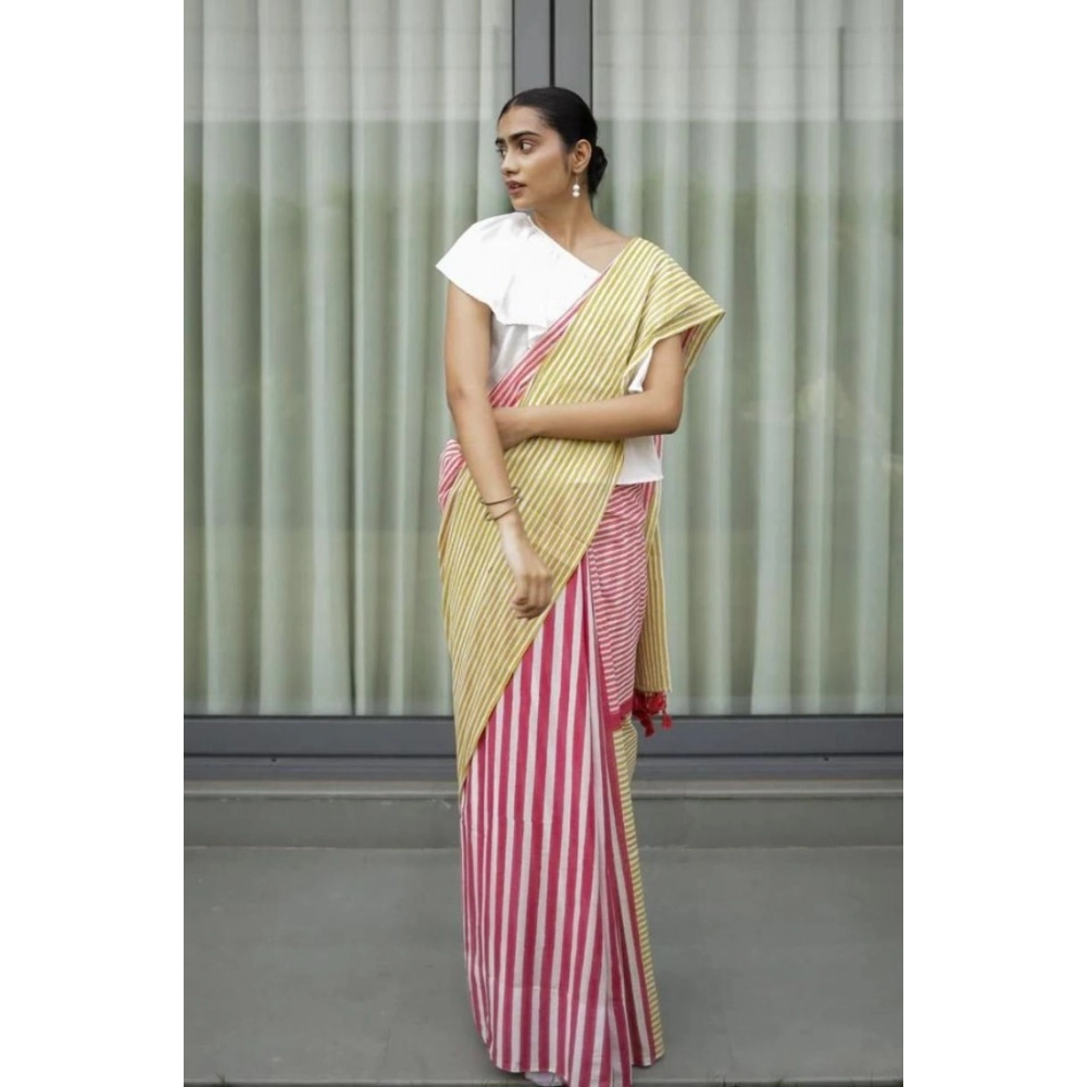 Women's Linen Printed Saree With Unstitched Blouse 5.5Mtr (Yellow) - Image 3