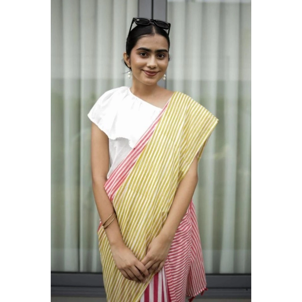 Women's Linen Printed Saree With Unstitched Blouse 5.5Mtr (Yellow) - Image 4
