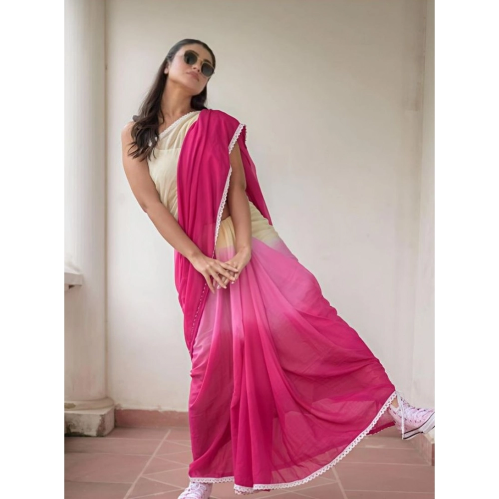 Women's Linen Printed Saree With Unstitched Blouse 5.5Mtr (Pink) - Image 2