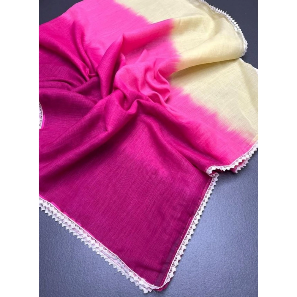 Women's Linen Printed Saree With Unstitched Blouse 5.5Mtr (Pink) - Image 4