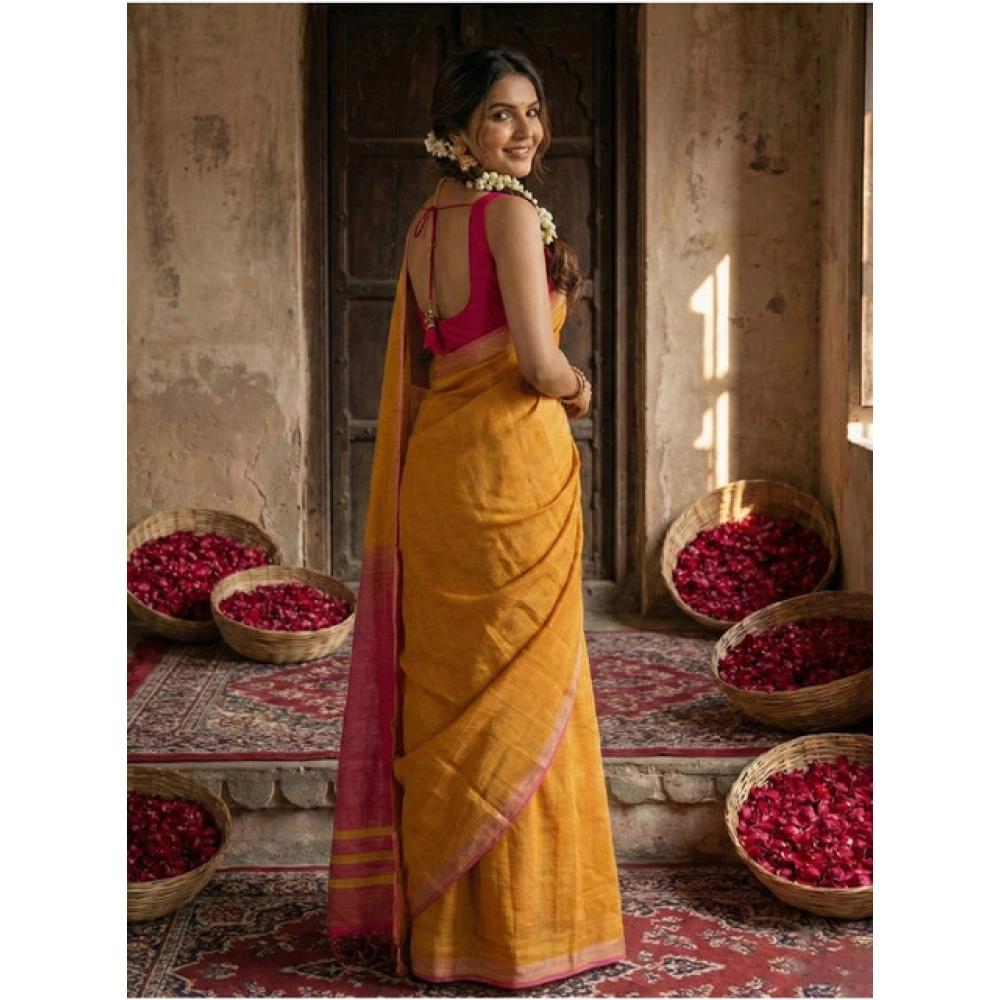 Women's Cotton Printed Saree With Unstitched Blouse 5.5Mtr (Yellow) - Image 2